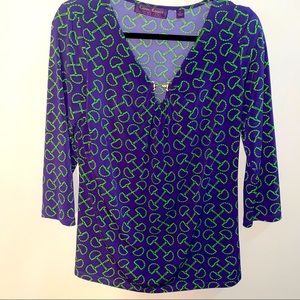 Carson Kressley blouse with gold neck hook accent. Purple and lime green